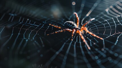 Spider On Web With Water Droplets Against Dark Background Macro Shot