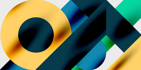 Poster - Abstract composition featuring overlapping geometric shapes. Yellow circle contrasts with blue, teal gradients. Modern design, dynamic visual elements.
