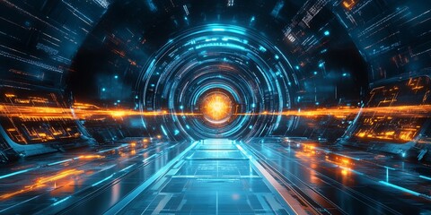 Poster - A futuristic particle accelerator with bioluminescent energy beams and holographic particle trajectories.