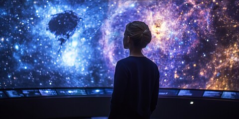 Poster - An innovative astronomy lab featuring interactive digital star maps and glowing space models.