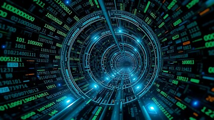 Flowing digital data in a dark cyberspace tunnel with binary code and glowing abstract particles