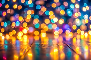 Wall Mural - colorful bokeh lights in blurred festive ambiance over wooden reflective surface with vibrant illumi