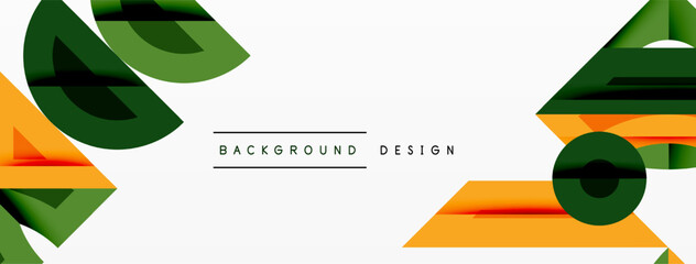 Leinwandbilder - Abstract geometric shapes overlap, creating dynamic visual composition. Orange, green hues dominate white backdrop. Minimalist text present.