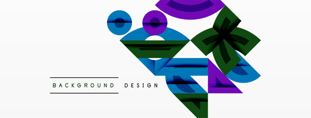 Fototapete - Abstract geometric shapes overlap, creating vibrant design. Blue, purple, green hues dominate white space. Text reads background design.