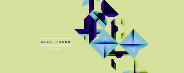 Poster - Abstract geometric shapes overlap, creating dynamic visual texture. Light blue, dark blue, purple hues dominate pale yellow backdrop. Modern design element.