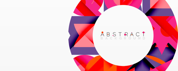 Leinwandbilder - Bright abstract design features colorful geometric shapes surrounding white circle. Modern, vibrant composition.