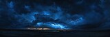 Storm Sky. Dark and Dramatic Background with Lightning Bolt Over Black and Blue Night Sky