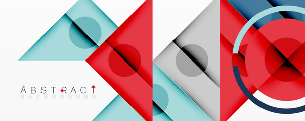 Leinwandbilder - Geometric shapes overlap, creating vibrant abstract design. Red, gray, blue tones dominate composition. Modern aesthetic.