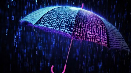 Digital umbrella in binary rain: protecting innovation with technology highlighted by neon against a dark background