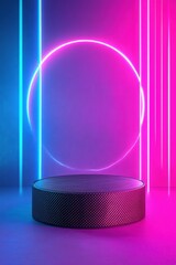 Leinwandbilder - Cyberpunk Product Showcase Neon-Infused Carbon Fiber Podium with Futuristic Light Beams - Next-Gen Digital Marketing Display Solution