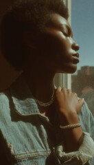Poster - Urban Nostalgia Vintage Denim and Metallic Minimalism - Authentic Gen Z Street Style Portraiture with Soft Cinematic Lighting