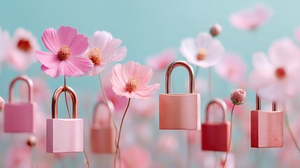 Aufkleber - Soft Cybersecurity Aesthetic Pastel Padlock Visualization with Delicate Cosmos Flowers - Modern Digital Protection Concept in Millennial Pink