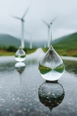 Poster - Crystalline Climate Solutions Transparent Water Droplet Refracting Renewable Wind Energy Landscape - Innovative Eco-Tech Visualization for Sustainable Future Branding