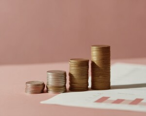 Poster - Minimalist Financial Growth Visualization Ascending Coin Stacks on Soft Blush Background - Modern Investment Strategy and Economic Trend Analysis for Digital Entrepreneurs