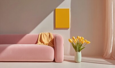 Poster - Soft Modern Sanctuary Pastel Pink Minimalist Living Space with Warm Yellow Accents - Contemporary Interior Design Inspiration for Mindful Urban Living