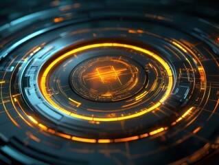 futuristic technology interface with glowing orange lines and circular design close up abstract conc