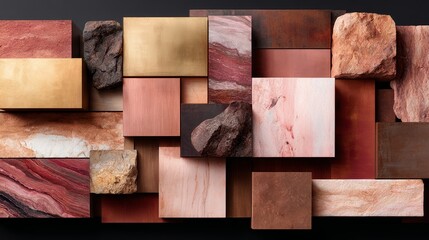 Aufkleber - Close-up view of a grid featuring various natural stone tiles in earthy tones, showcasing textured surfaces and capturing soft light for modern decor ideas