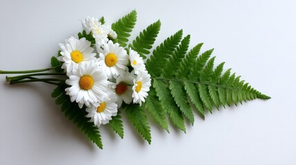 Leinwandbilder - A close-up view showcases a delicate bouquet composed of cheerful daisies and vibrant ferns, evoking a fresh and summery vibe ideal for seasonal designs