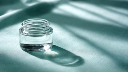 Poster - A glass container filled with clear liquid rests on a soft mint-green surface, creating a serene ambiance with gentle light reflections highlighting its contours