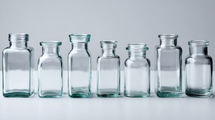 Poster - Clear glass jars of different shapes arranged neatly against a soft white background highlight an aesthetic of modern elegance and simplicity