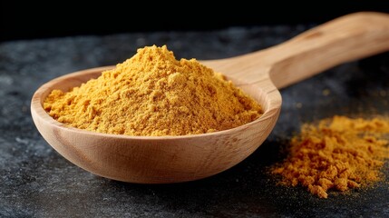 Aufkleber - Finely ground turmeric powder is carefully placed in a carved wooden spoon, accompanied by dried spice pods, highlighting vibrant colors and textures