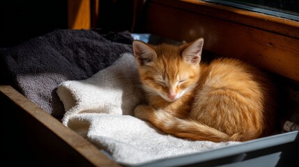 Aufkleber - A small ginger kitten lies peacefully curled up on a soft white blanket, illuminated by gentle morning sunlight streaming in from a nearby window