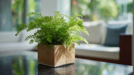 Aufkleber - Lush fern in a ceramic pot rests on a sleek glass table, illuminated by dappled sunlight, bringing tranquility and greenery to a stylish interior space