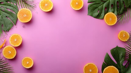 Poster - Juicy orange slices are artistically scattered on a vivid pink surface, framed by tropical leaves, creating a fresh and inviting daylight atmosphere