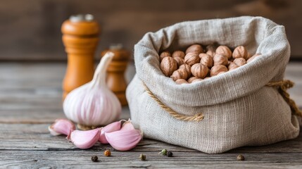 Aufkleber - Fabric sack brimming with assorted nuts rests on a weathered wooden kitchen counter alongside fresh garlic cloves and fragrant spices, creating a rustic culinary scene