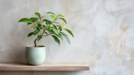 Aufkleber - A small green potted plant sits elegantly on a wooden shelf beside a plain white wall, showcasing a minimalist interior design that emphasizes simplicity