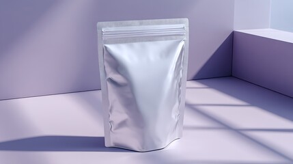 Leinwandbilder - A stylish silver foil pouch stands prominently on a pale lavender surface, surrounded by minimalist geometric forms that enhance its modern elegance