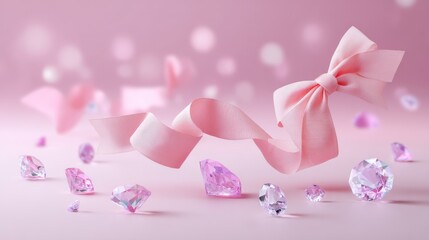 Aufkleber - Pink satin bows and sparkling translucent crystals hover mid-air against a soft gradient pink background, evoking a whimsical and enchanting beauty theme