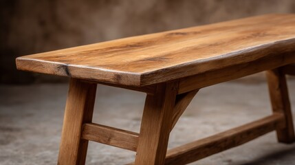 Aufkleber - Warm wood grains of a polished oak table stand out against a textured cedar wall, creating a rustic atmosphere in softly lit surroundings ideal for dining