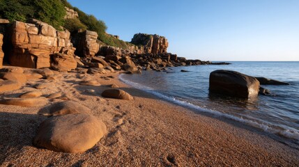 Poster - Golden sand dunes and gentle waves surround a secluded cove, while jagged coastal rocks rise against a vibrant twilight sky, ideal for relaxation or exploration