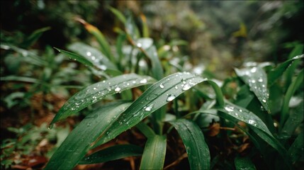 Aufkleber - Fresh green leaves showcase crystal-clear water droplets, glistening beautifully against a softly blurred forest background, evoking tranquility and natural beauty