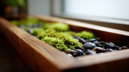 Poster - River pebbles mix harmoniously with lush moss in a wooden tray, complemented by soft lighting that fosters a peaceful, spa-like atmosphere ideal for relaxation