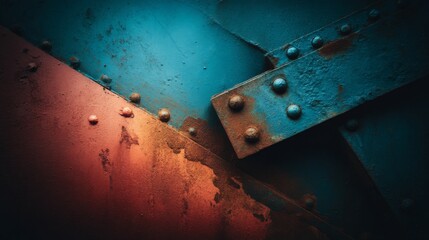 Aufkleber - Close-up view of a scratched steel panel highlights its weathered texture and riveted seams, expressing durability and character amid an industrial setting
