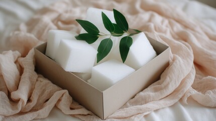 Leinwandbilder - A square gift box holds white foam containers, elegantly accented by fresh green leaves, resting atop a pale, textured fabric background