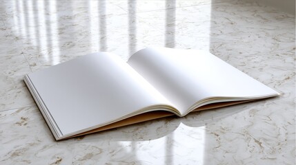 Fototapete - An open notebook rests on a polished quartz table accompanied by minimalist kraft packaging, reflecting an organized and sophisticated workspace setting