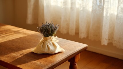 Poster - A loosely tied fabric pouch filled with lavender sits on a rustic wooden bench. Sunlight filters through a curtain, creating a calming ambiance in the room