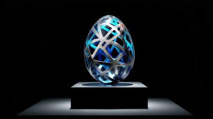 Poster - A beautifully crafted silver egg featuring delicate blue geometric patterns rests on a sleek black pedestal, illuminated by a soft spotlight in an elegant space