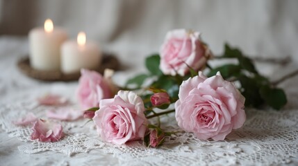 Poster - Delicate pink roses and softly glowing candles are beautifully arranged on a lace tablecloth, creating a romantic atmosphere perfect for celebrations