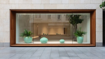 Leinwandbilder - Boutique storefront features polished wooden frames highlighting delicate handmade ceramics, illuminated by soft natural light in an inviting urban space