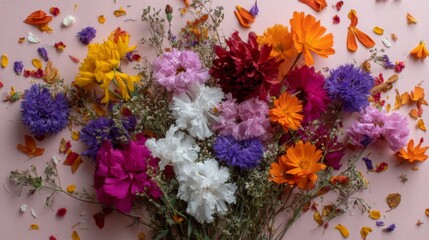 Poster - A stunning arrangement of mixed flowers showcases bright hues on a soft pastel backdrop, accompanied by scattered petals for added beauty