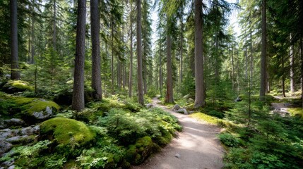 Poster - A tranquil forest trail invites exploration beneath a canopy of dense greenery, where sunlight dapples the path and shadows play among the trees