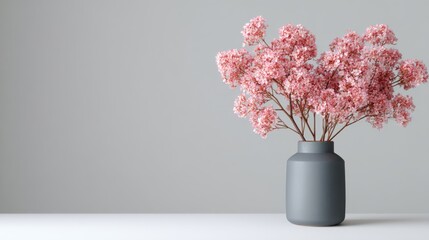Poster - A soft pink blossom gracefully arranged in a matte ceramic vase brings a calm and airy feel to the neutral setting, illuminated by natural daylight