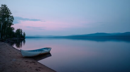 Aufkleber - A weathered rowboat leans gently against the sandy shore at twilight, reflecting calmness as the soft hues of the fading sky create a nostalgic atmosphere