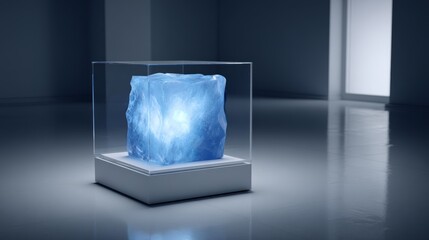 Fototapete - A glowing neural network encased in glass emits a soft blue light in a sleek, modern environment, representing cutting-edge technology and innovation