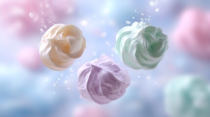 Poster - Delicate meringues in light yellow, green, and lavender float mid-air against a dreamy pastel backdrop, creating a whimsical and delightful atmosphere
