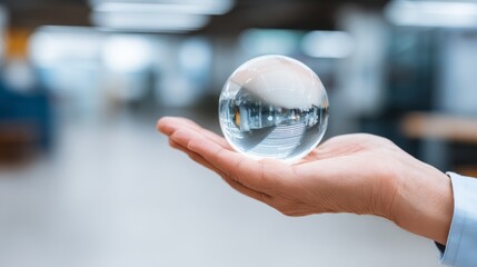 Leinwandbilder - A hand gently cradles a glowing glass orb, radiating soft light, surrounded by abstract shapes that evoke a sense of creativity and imagination